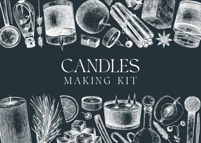 Hand sketched candles ingredients banner on chalkboard. Vintage candles, herbs, wax, fruits, spices, skewers hand drawings background. Perfect for aromatherapy, hobby, handcrafts, candle making.